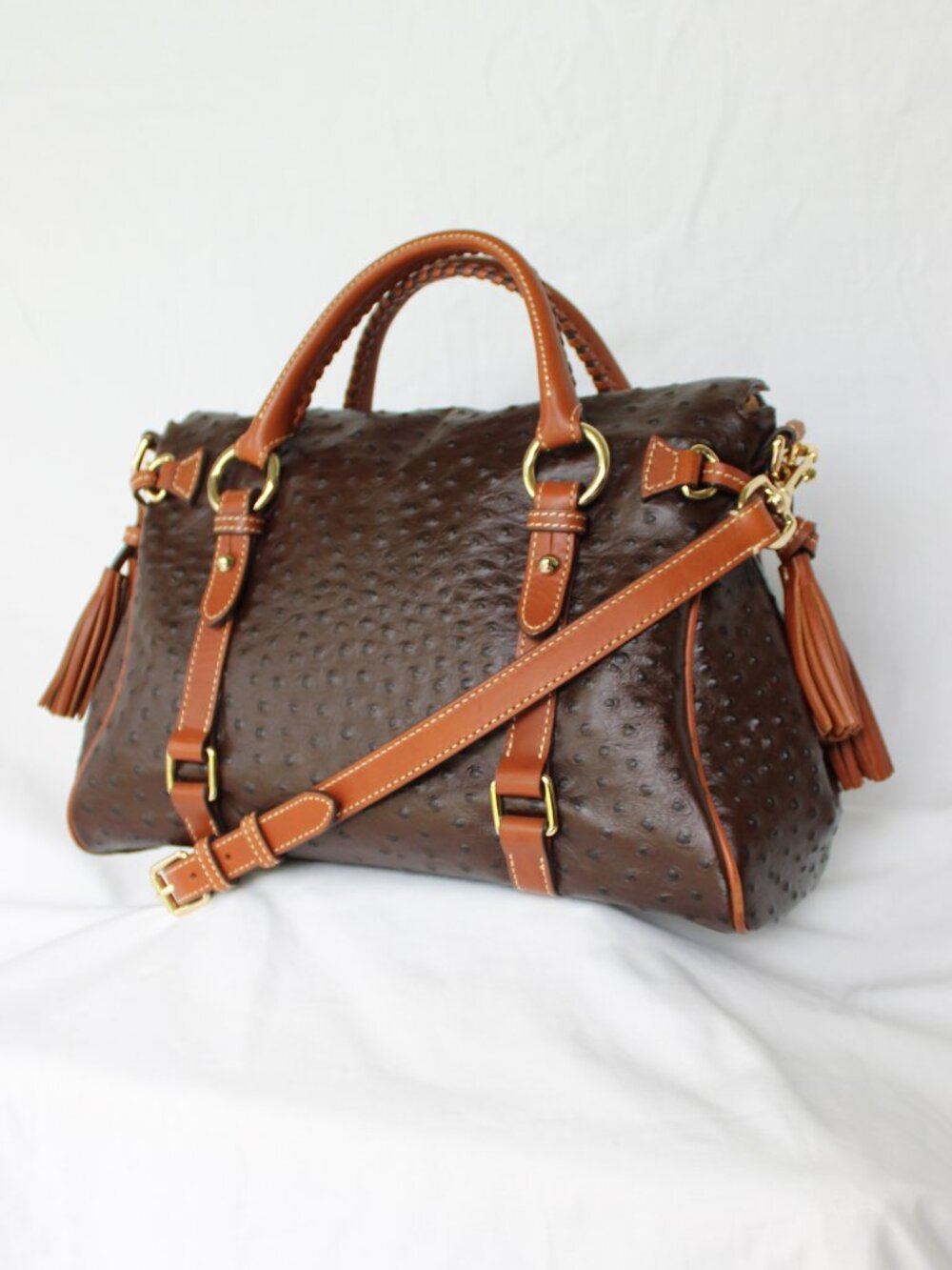 Dooney & Bourke Ostrich brown satchel leather Florentine tassel purse crossbody - Picture 7 of 12
